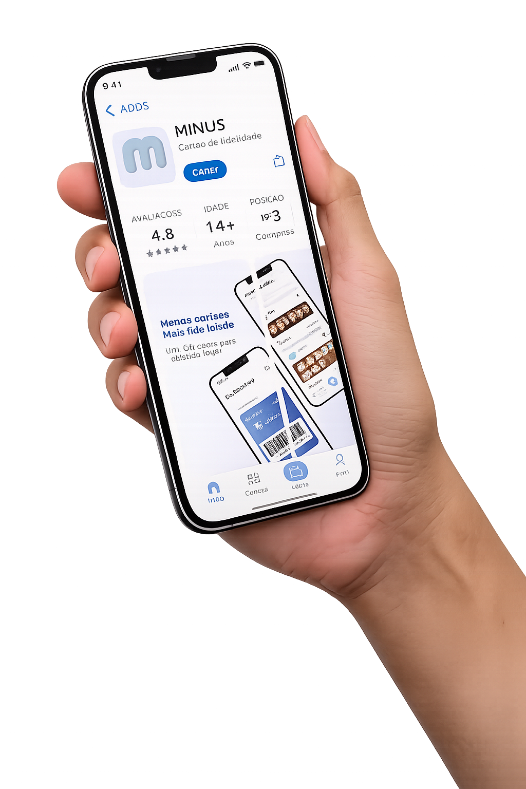 Mão segurando um celular com a página do app MINUS na loja