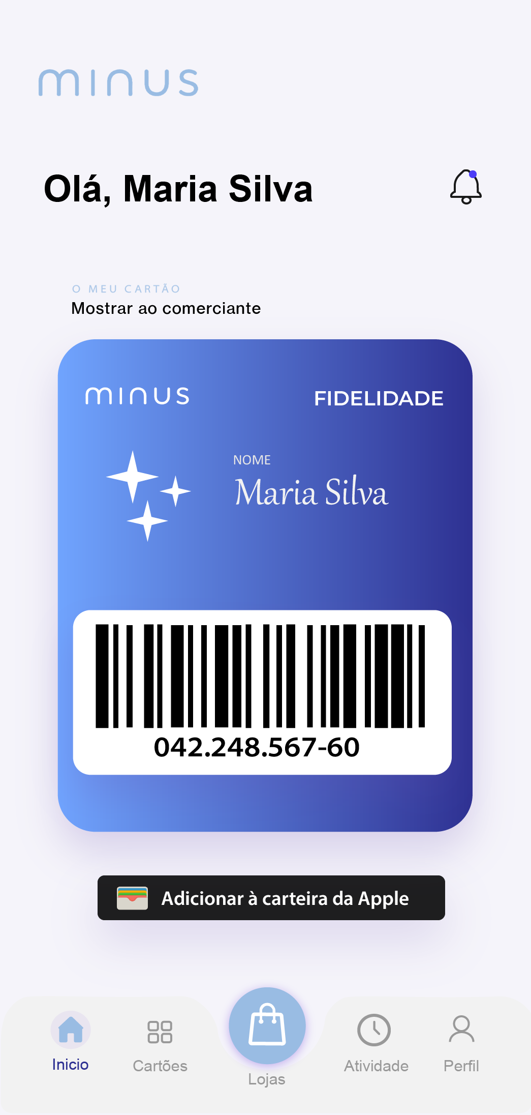 Tela inicial do app MINUS com o QR code do cliente